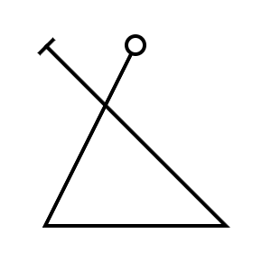 Abstract geometric drawing of intersecting lines forming a triangle with circle and line endpoints.
