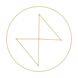 Golden geometric symbol with two triangles forming a pinwheel inside a circle on white background.