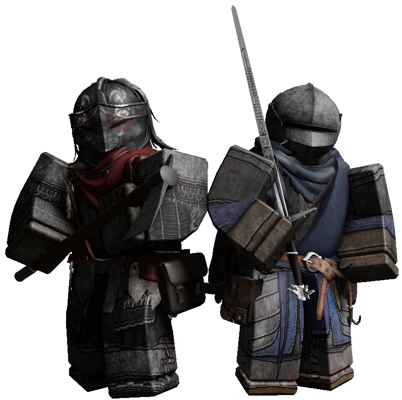 Two armored medieval knight figures in dark plate armor, one wielding a sword, rendered in a blocky game-art style.