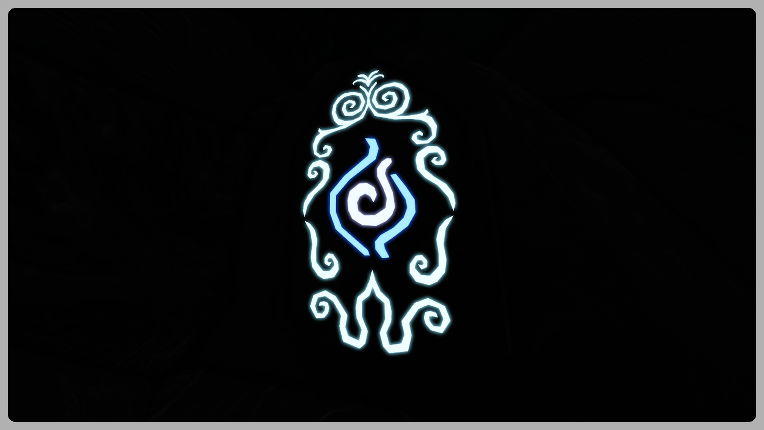 Decorative blue spiral symbols arranged in a row against a black background.