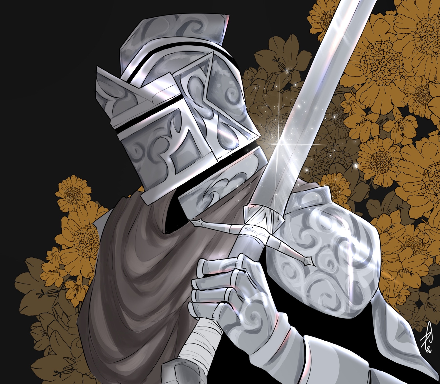 Anime-style armored knight in ornate silver armor wielding a sword, set against golden floral background.
