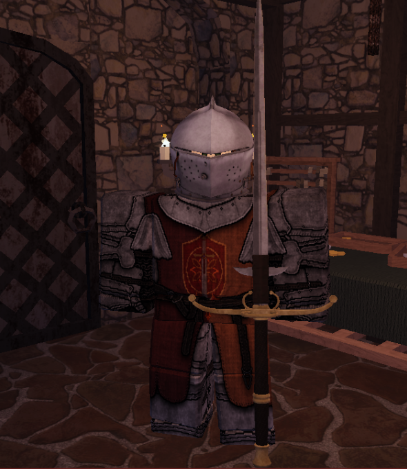 A armored knight character in a video game wearing full plate armor and holding a sword in a stone castle.