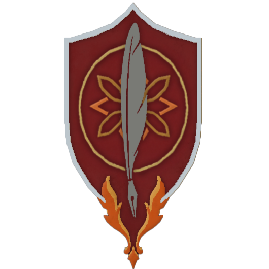 A series of five red shield emblems with silver swords and golden decorative elements, progressing in design complexity.