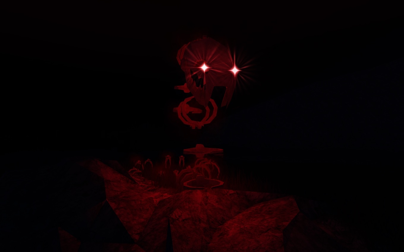 Dark scene with glowing red elements against a black background.