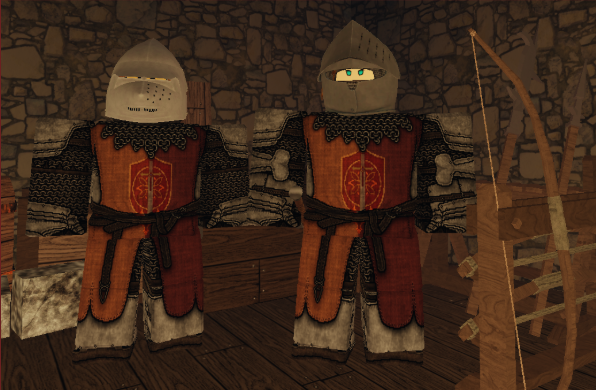 Two Roblox medieval knight characters in red and black armor standing in a stone castle interior with a bow nearby.