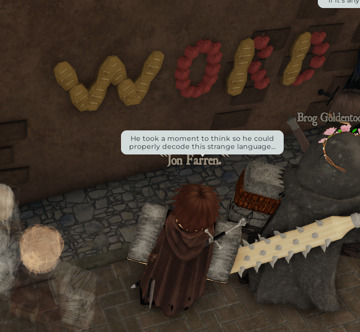 Dimly lit stone corridor with text overlays and mysterious lighting effects.
