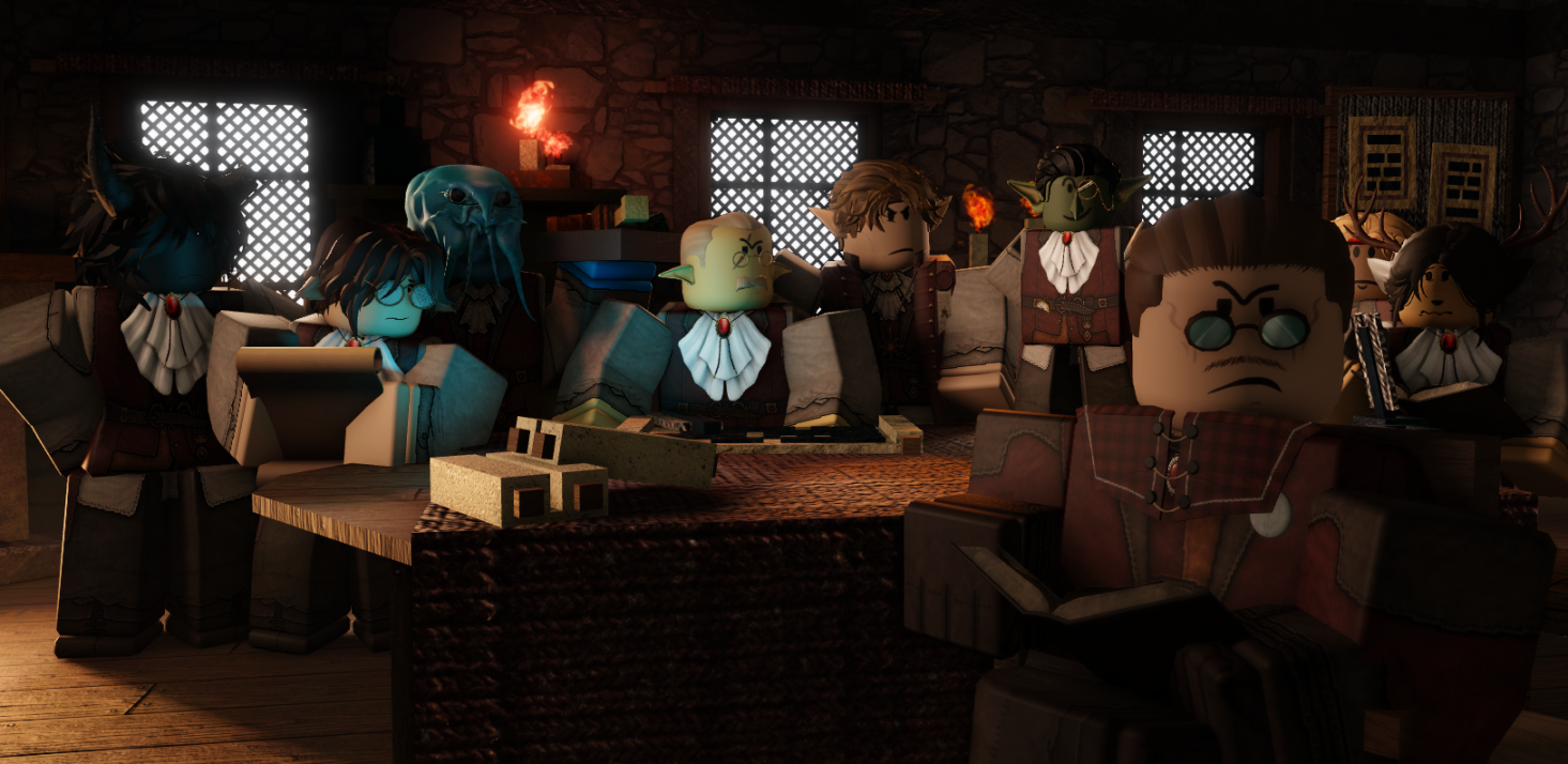 Dark Minecraft scene with blocky characters gathered in a dimly lit room with torchlight.