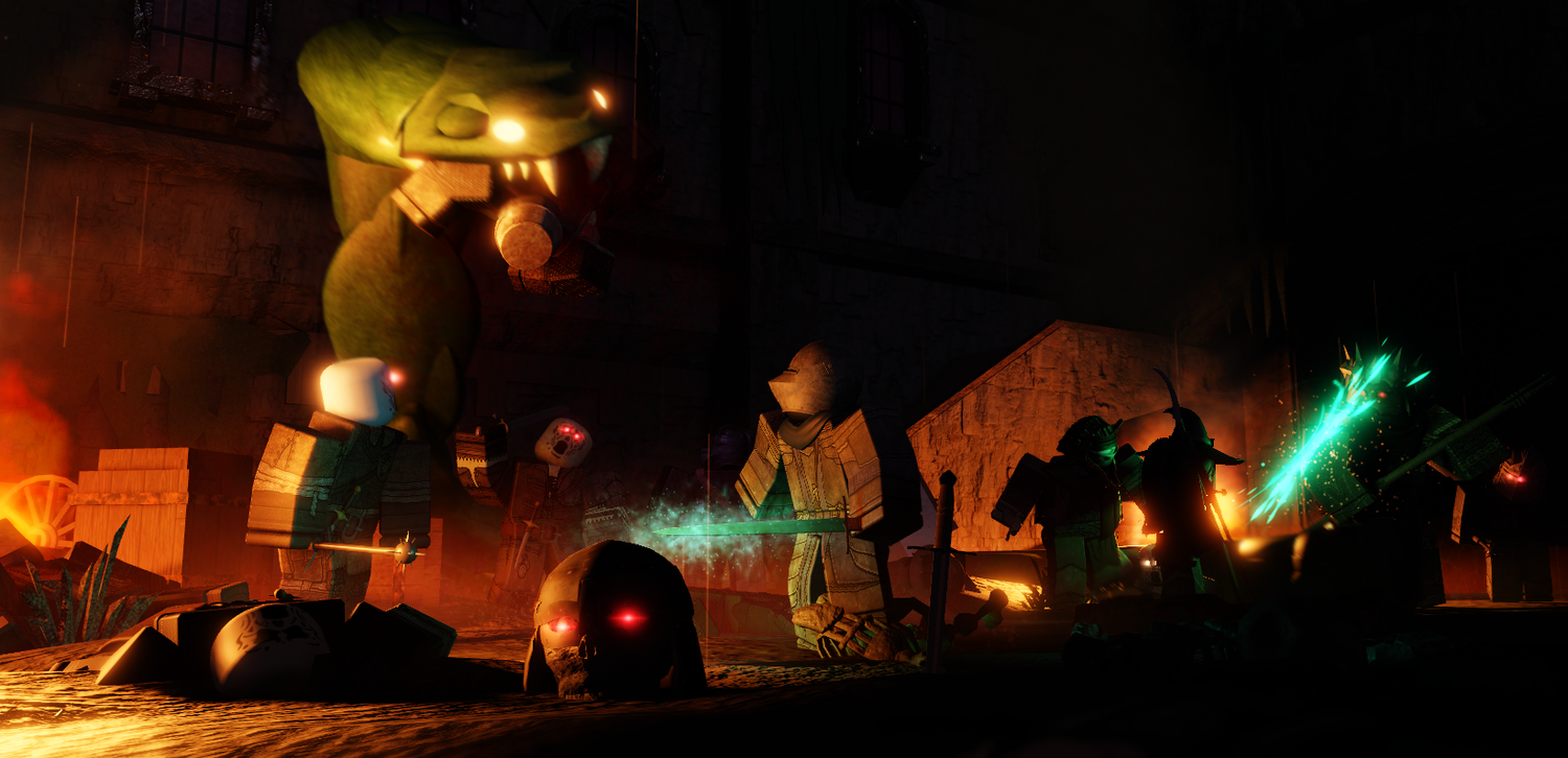 Dark nighttime scene with glowing lights and silhouettes creating an atmospheric mood.