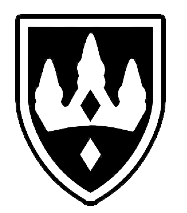 Black and white heraldic shield emblem featuring a stylized crown with diamond shapes on dark background.