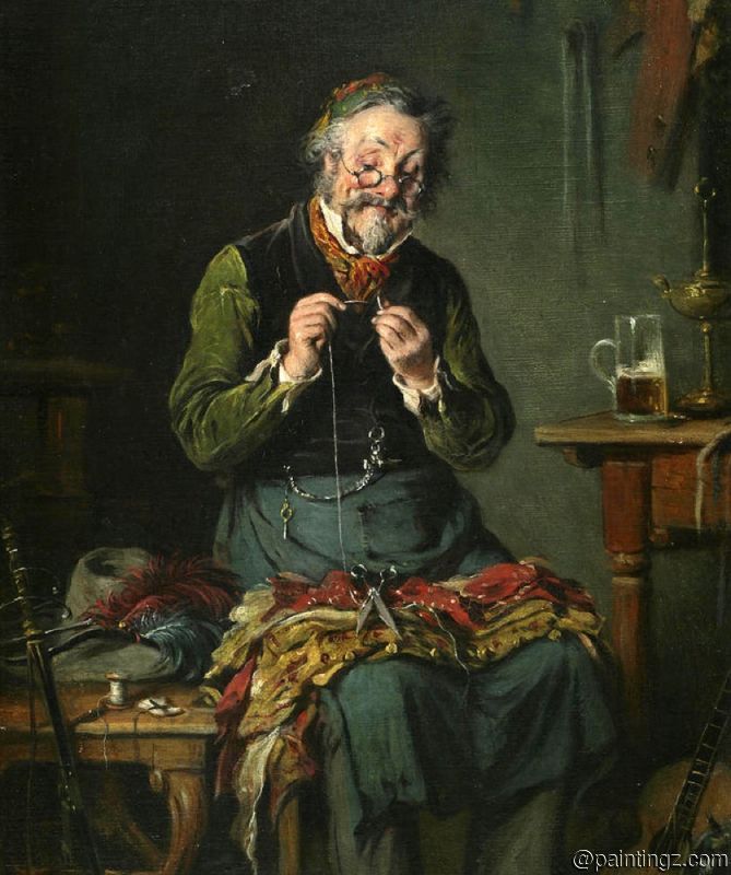 Oil painting of an elderly man threading a needle, seated with colorful fabric on his lap, wearing spectacles in a dimly lit room.