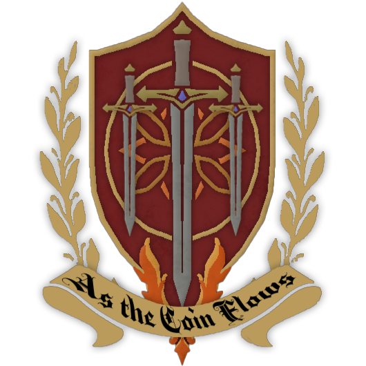 Medieval-style red shield emblems with crossed swords and laurel wreaths in gold and burgundy colors.