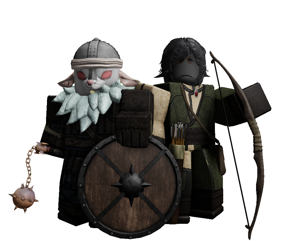 A series of silhouetted medieval fantasy character designs showing different armor and weapon combinations.