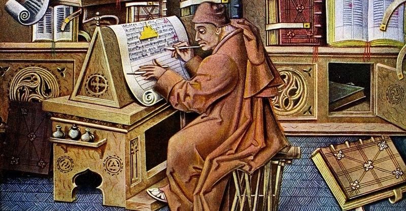 Medieval monk scribing manuscripts at a wooden desk in a richly detailed illuminated painting.