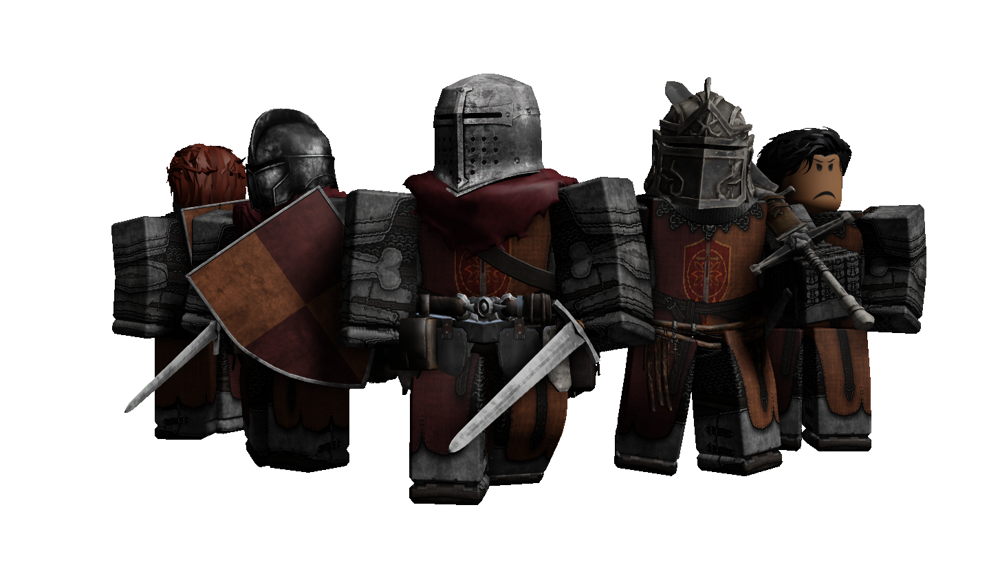 Roblox medieval knight characters in dark armor wielding swords and shields in a group formation.