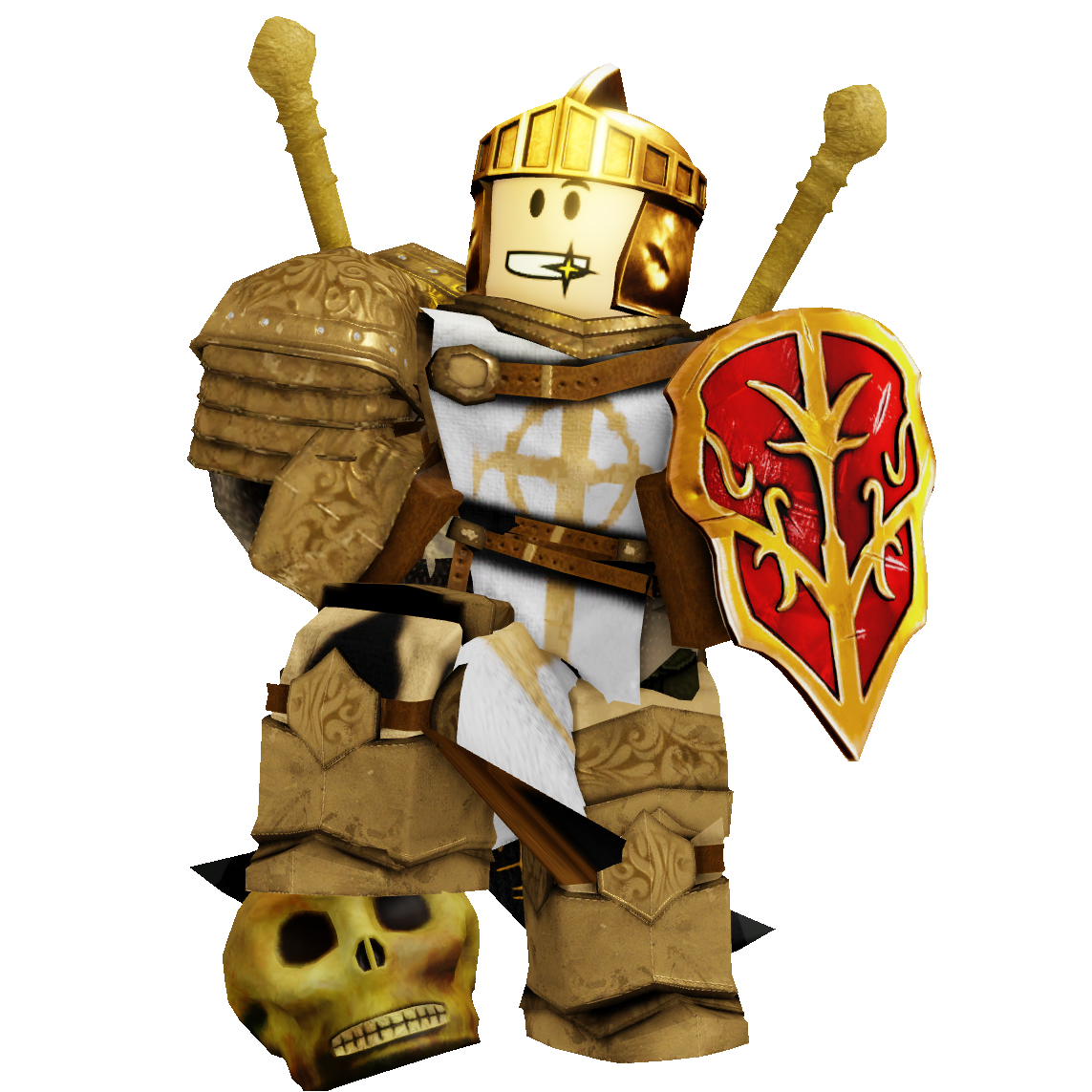 Roblox knight character in gold armor holding a red shield with swords on back, standing over a skull.