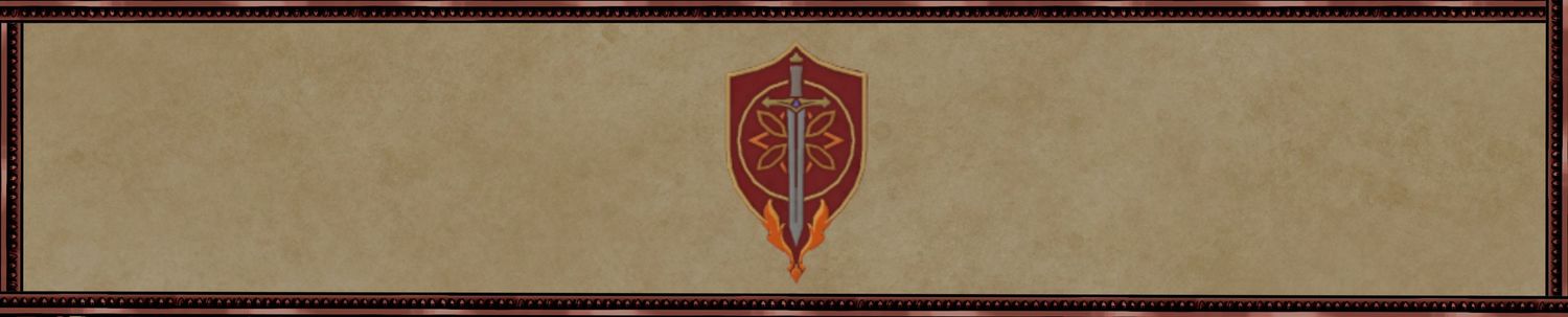 Medieval-style banner design featuring a red shield emblem on a tan background.