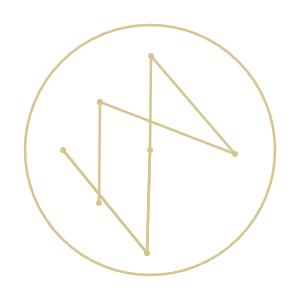 Minimalist gold geometric logo with interconnected lines forming abstract shapes inside a circular border.