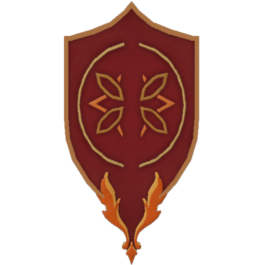 A set of five burgundy shield emblems with gold accents featuring abstract floral and geometric designs arranged horizontally.