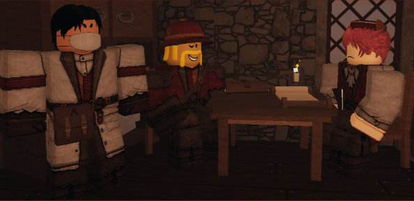 Three blocky Roblox characters gathered around a wooden table in a dimly lit medieval tavern room with a candle.