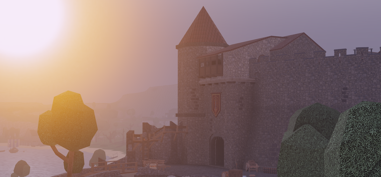 Misty medieval castle with stone walls and tower bathed in warm golden sunset light, surrounded by lush trees.