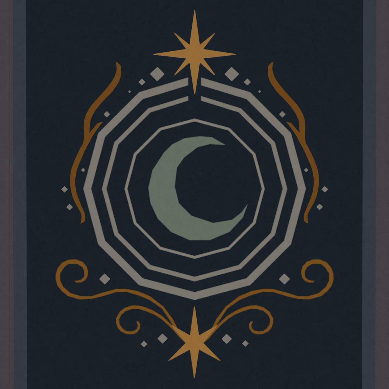 Celestial-themed design elements featuring moons, stars, and decorative swirls in gold and silver tones on dark background.