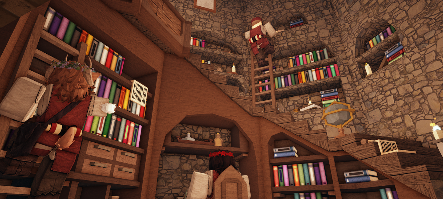 Panoramic view of a rustic library interior with floor-to-ceiling bookshelves and stone walls.