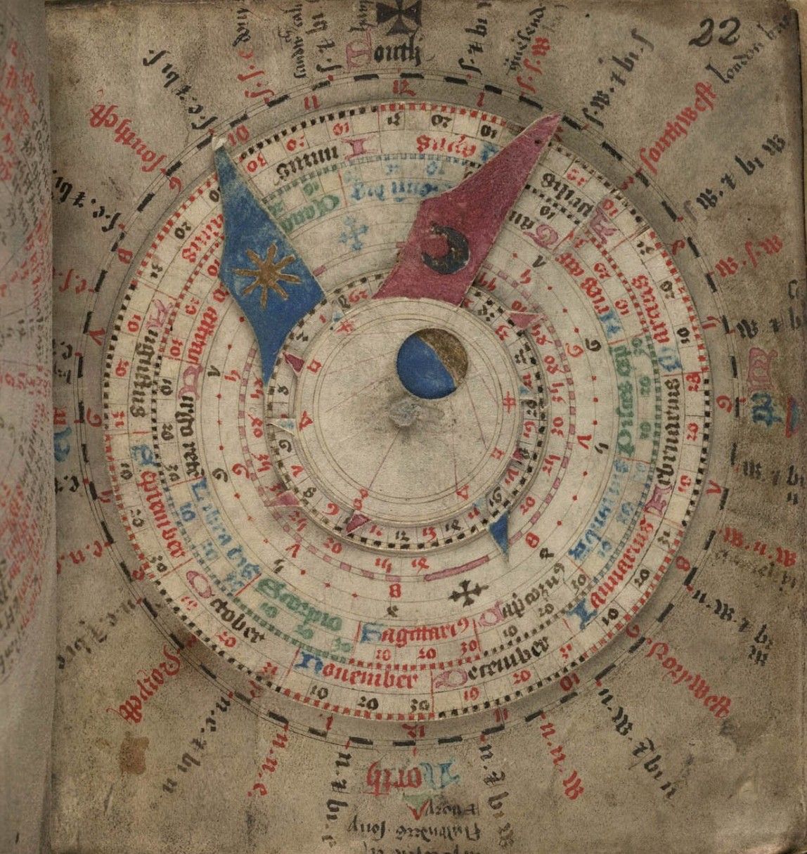 Medieval astronomical volvelle manuscript page with concentric circles, celestial symbols, and colorful zodiac illustrations.