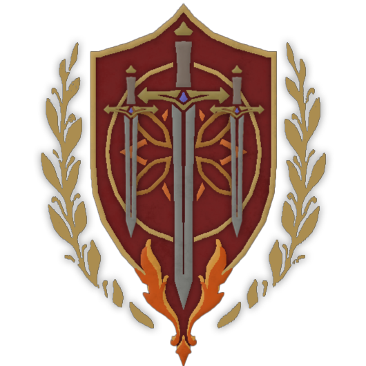 Red medieval shield emblems with silver swords and golden laurel wreaths shown in progressive design variations.