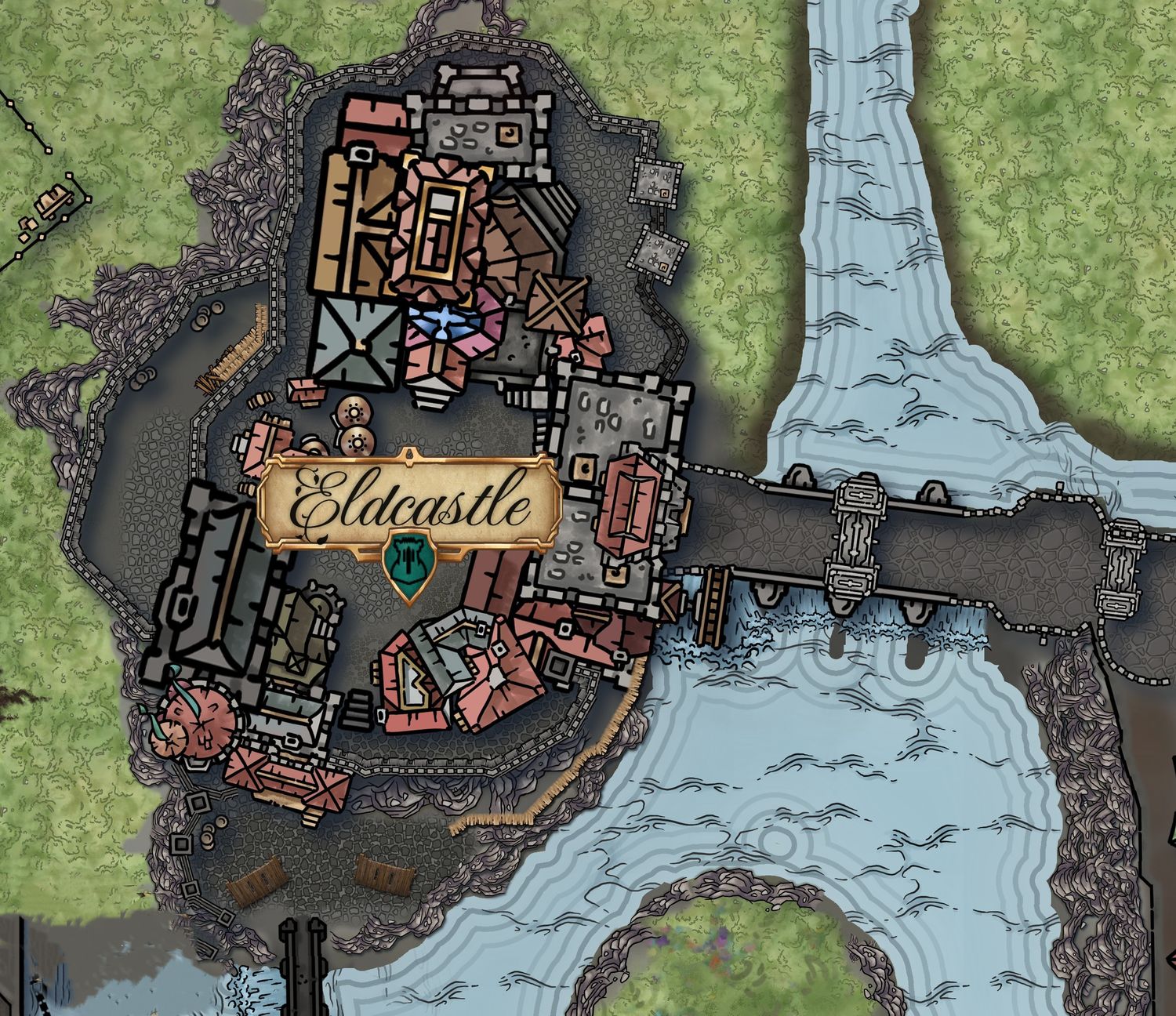 Top-down view of a medieval fantasy map showing buildings and waterways.