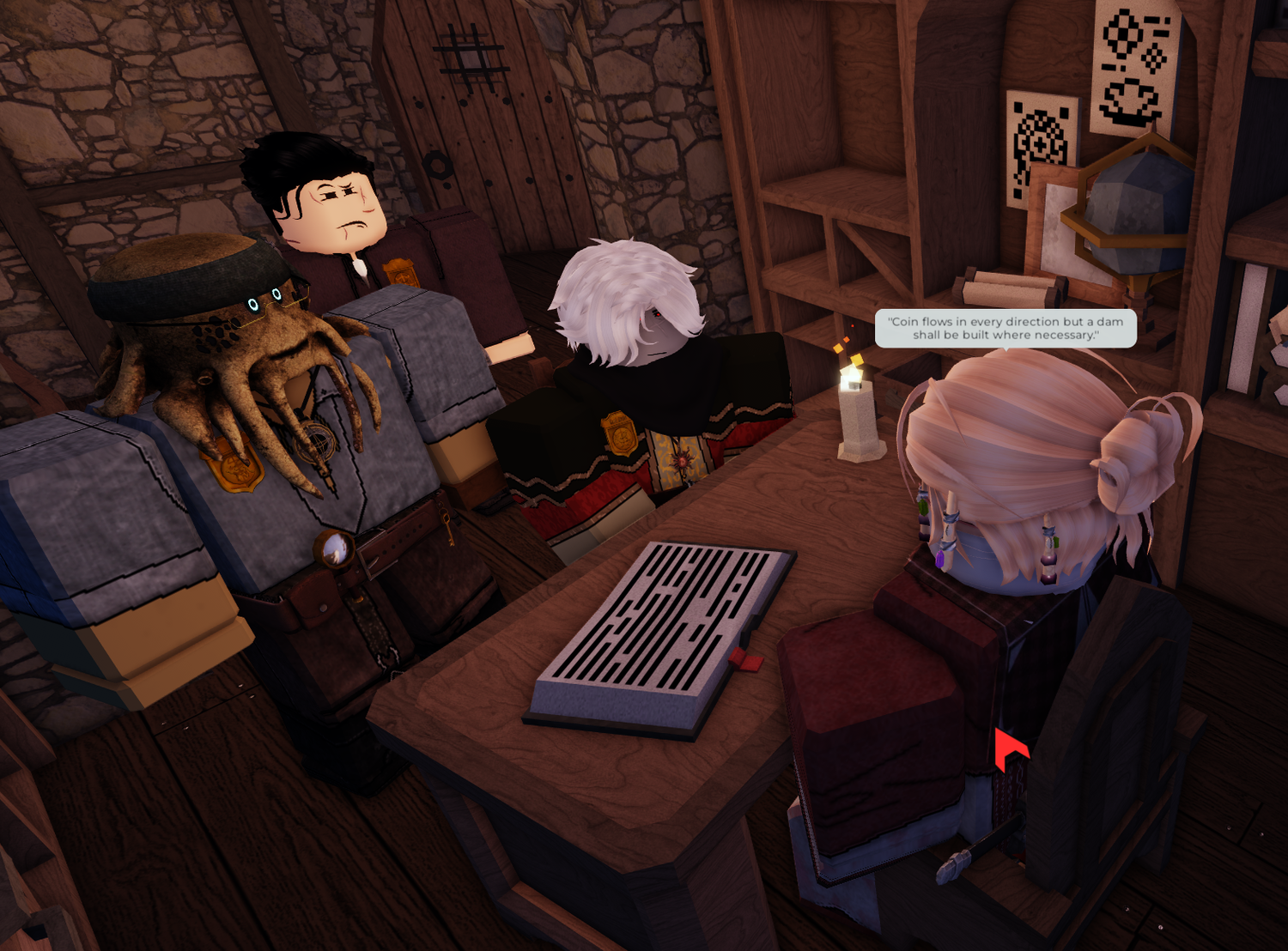 Dark medieval dungeon interior with stone walls and flickering candlelight creating atmospheric shadows.