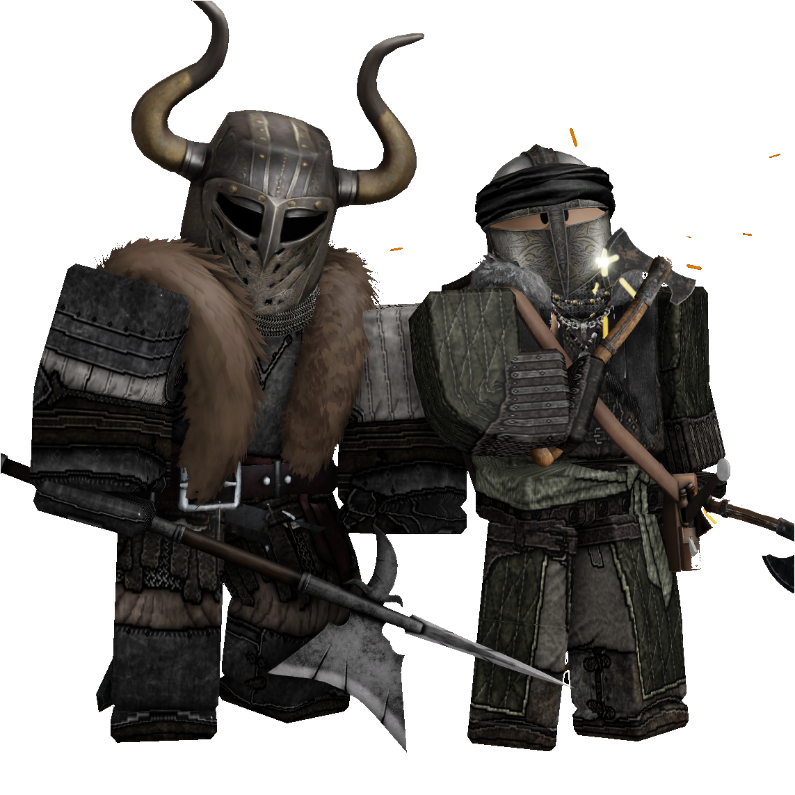 Two armored Roblox warrior figures wearing medieval helmets and carrying weapons against a white background.