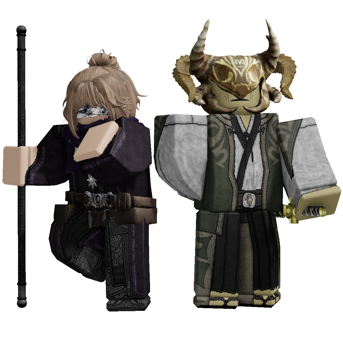 Two Roblox characters in fantasy costumes, one holding a staff and one wearing horned mask, posed together.