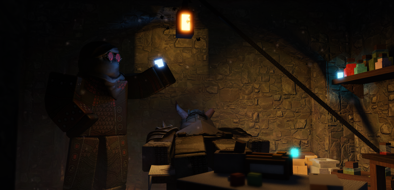 Dimly lit fantasy tavern scene with glowing lanterns and mystical ambiance.