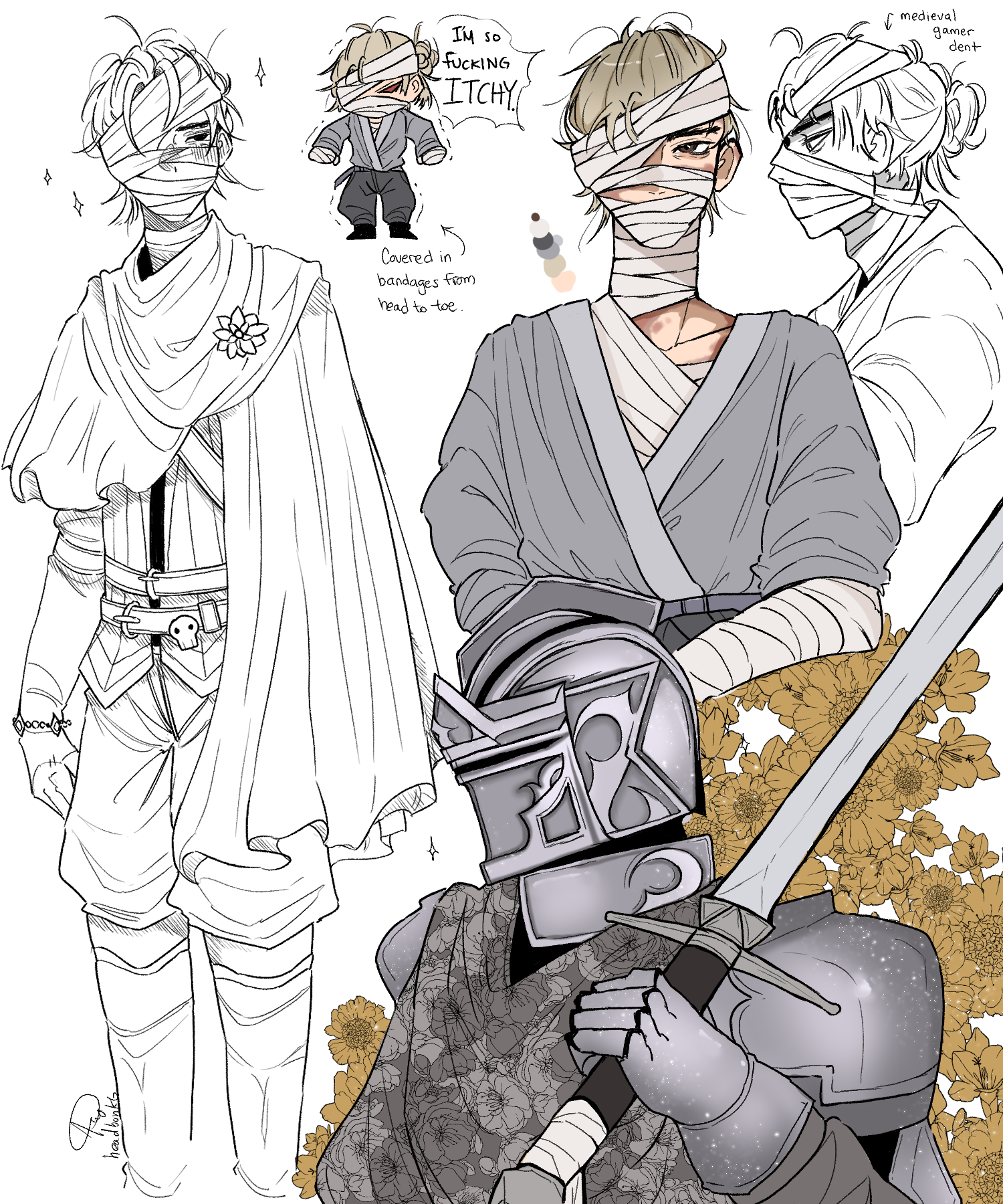 Anime-style sketch of a bandaged character in robes with sword, shown in multiple poses and outfits on white background.