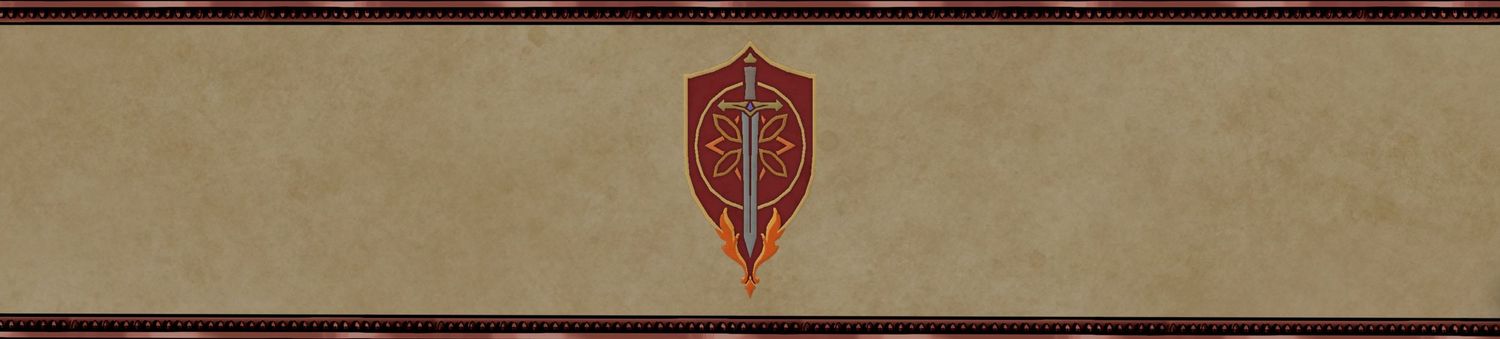Medieval shield emblem with red crest on tan parchment background, decorative border design.