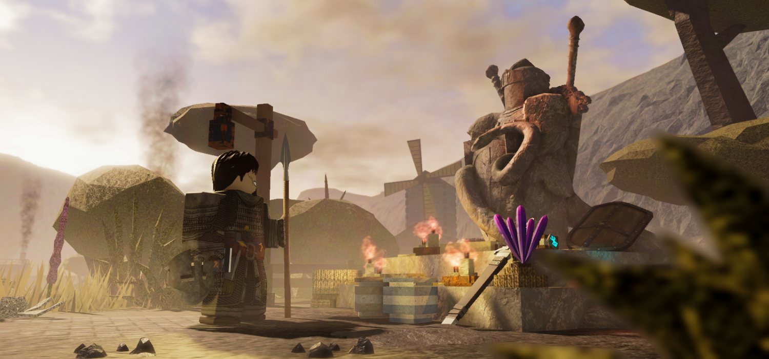 A stylized 3D fantasy scene shows a figure leaping with a broom across a magical landscape at sunset.