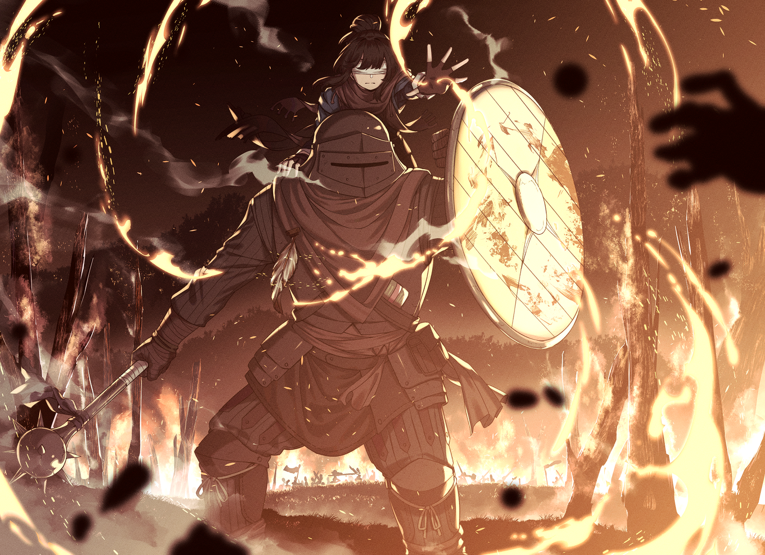 Dramatic artwork showing fiery explosions and battle scenes in an orange-tinted environment.