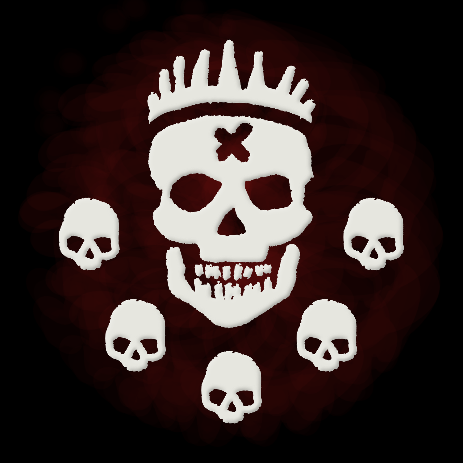 White skull icons with crown designs on dark red background create a spooky repeating pattern.