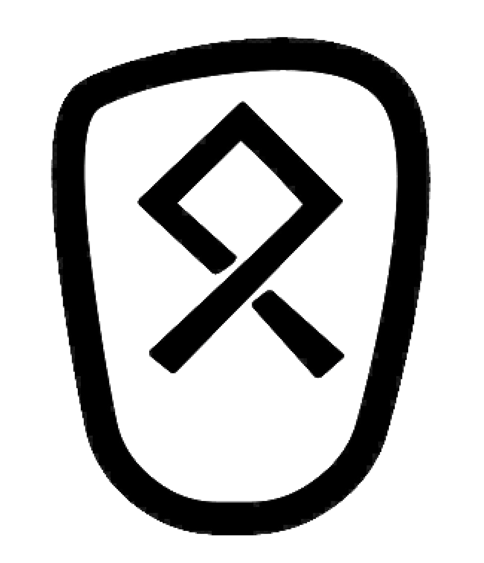 Black shield emblem featuring a runic symbol resembling a square with crossed lines, bold outline design.