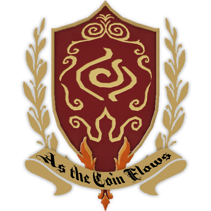 Ornate red and gold shield emblems with decorative laurel wreaths and swirling designs arranged in a horizontal row.
