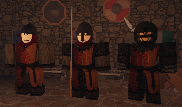 Three Roblox characters in dark red medieval armor stand guard in a stone castle environment.