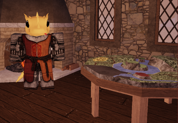 Roblox king character wearing crown and armor stands beside a medieval map table in a stone castle room.