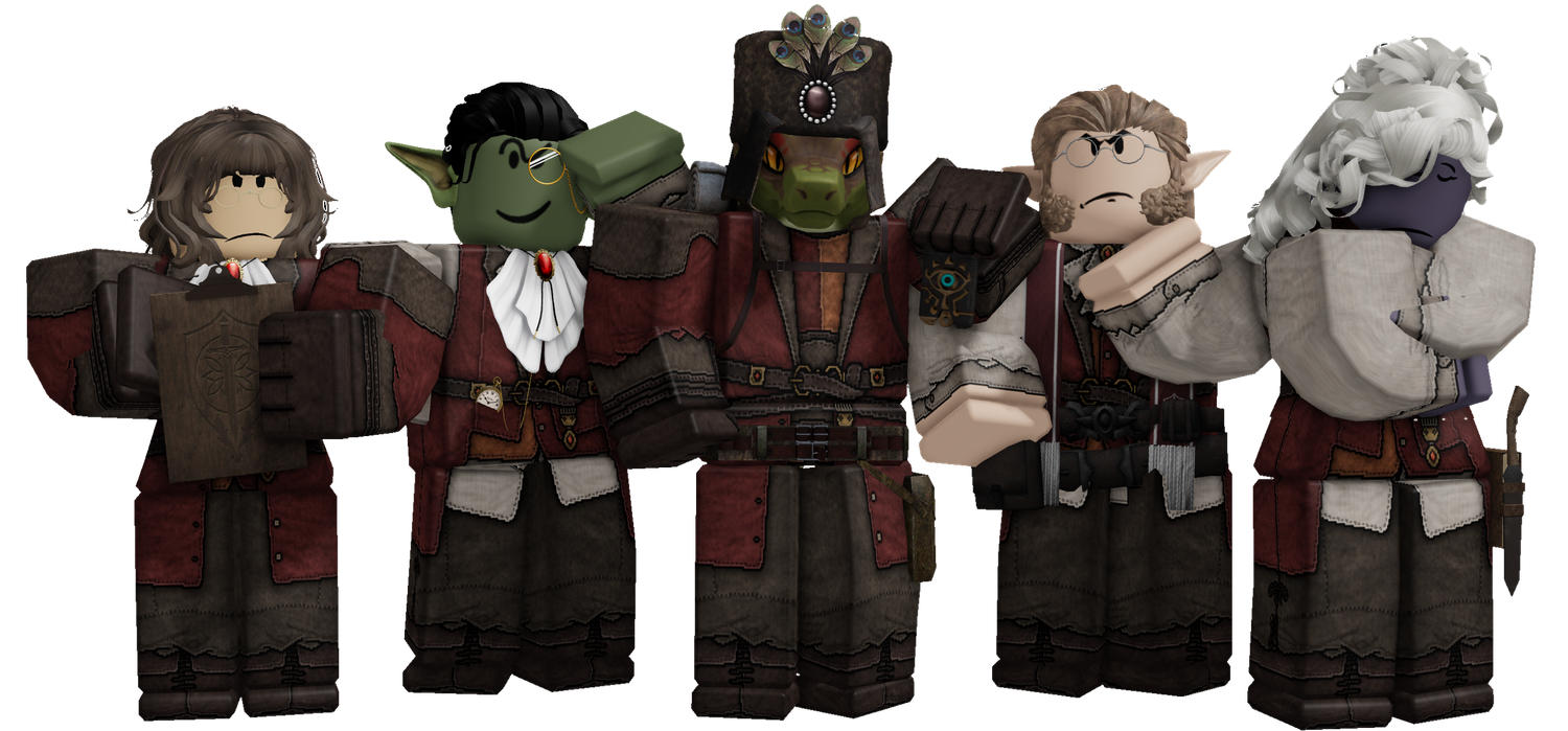 Five Roblox characters in fantasy RPG costumes, including orcs and humans, posed together in medieval armor outfits.