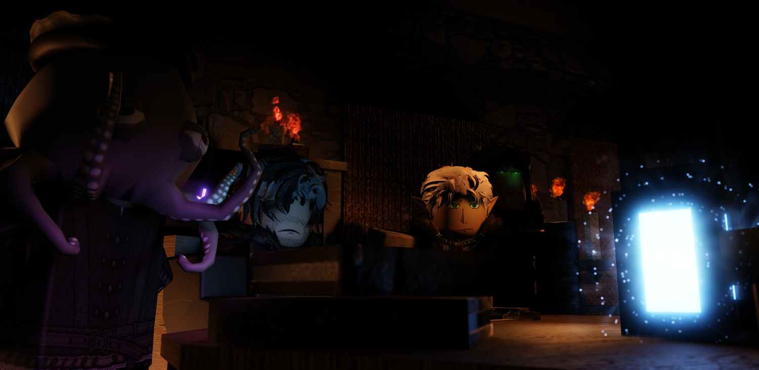 A dimly lit bar or nightclub interior with glowing blue lights and neon signs creating an atmospheric ambiance.
