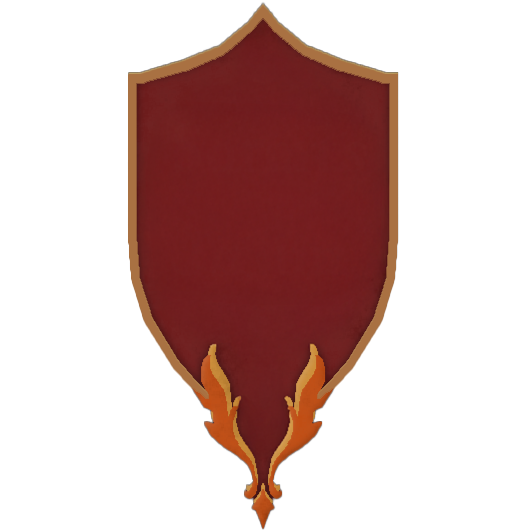 A set of five red shield emblems with gold borders decreasing in size, featuring flame accents at the bottom.