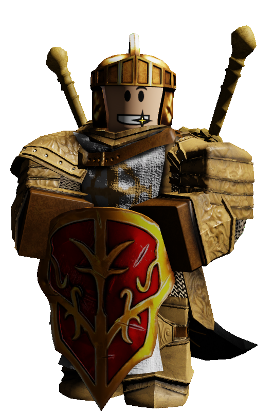 Roblox knight character in golden armor holding a red and gold shield with two swords on its back.