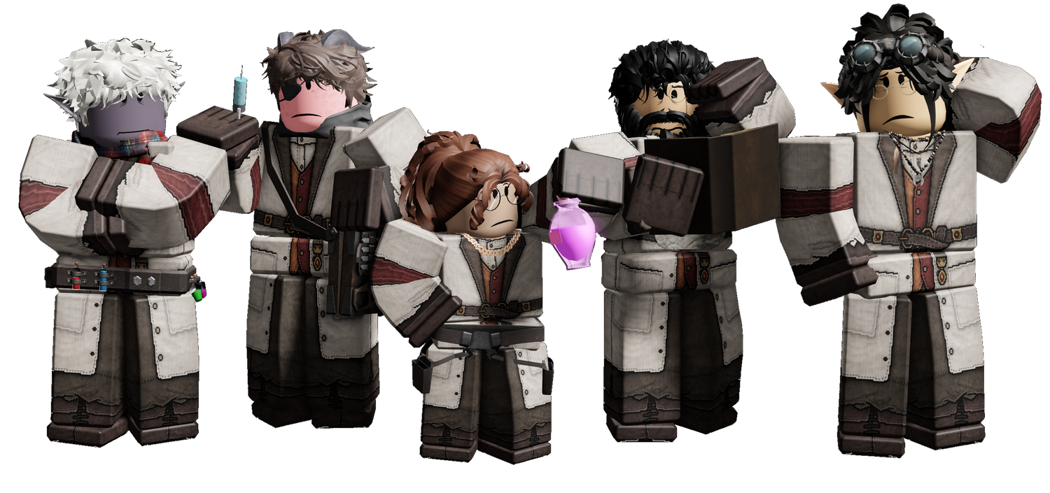 Five Roblox characters in dark fantasy robes and armor, displayed from multiple angles on a white background.