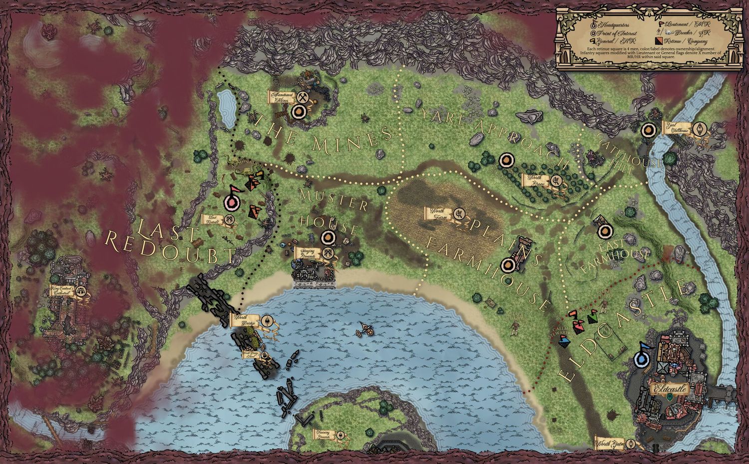 Detailed fantasy world map with green landscapes, forests, and settlements marked with icons on aged parchment background.