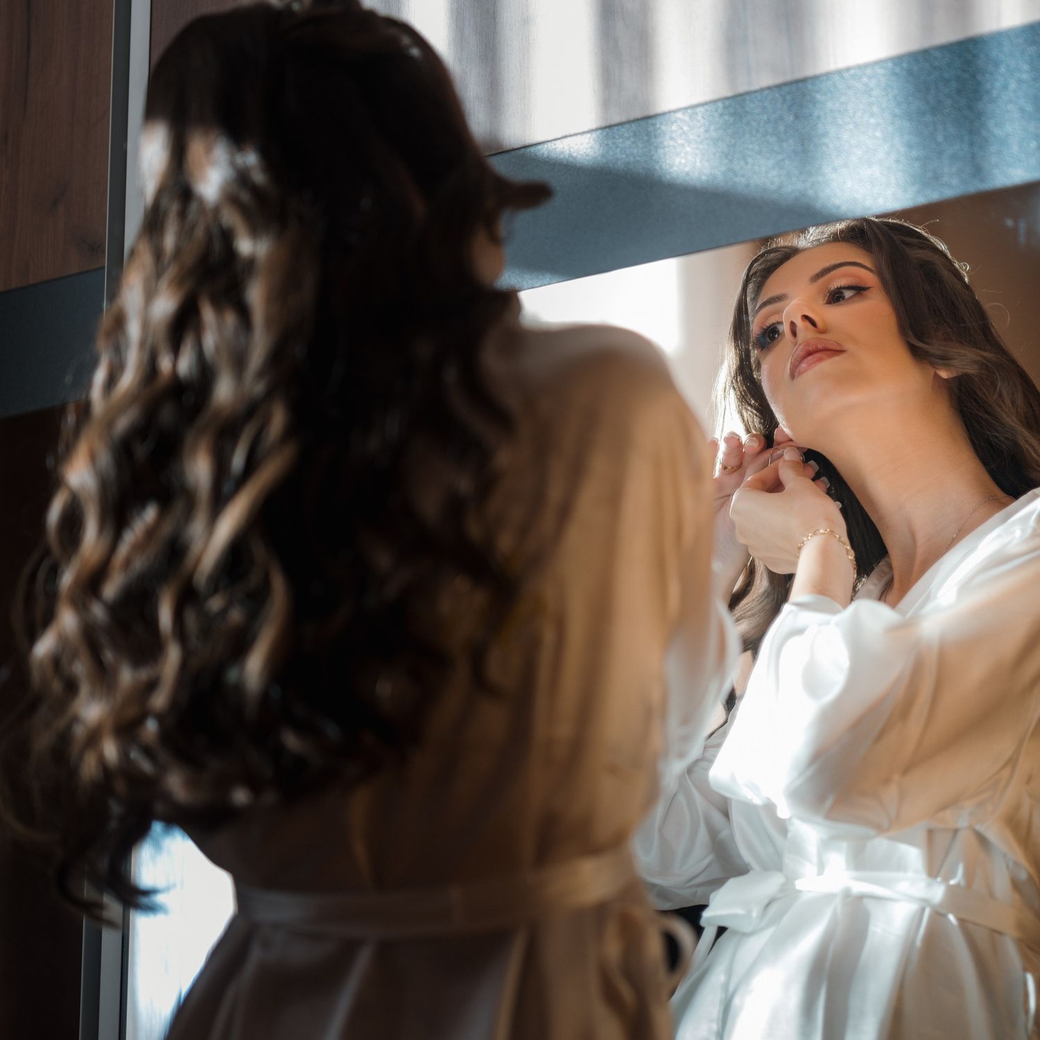 Black and white series showing a bride getting ready on her wedding morning.