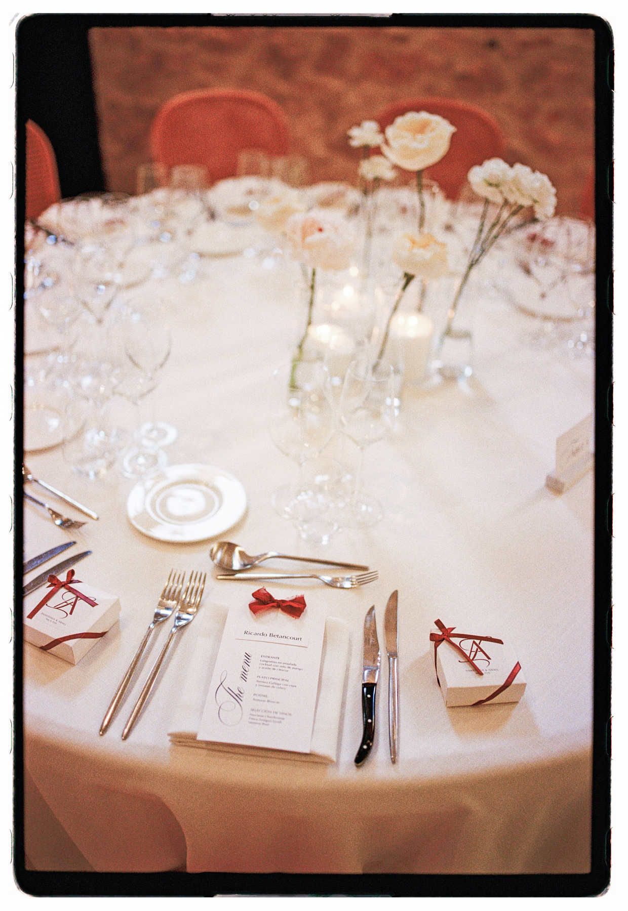 Close-up of a wedding guest favors table, shot on Kodak Portra film at Finca del Canónigo estate.